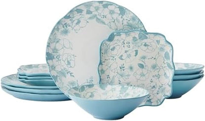 Garden Blossom Floral 12 Piece Plate Bowl Dinnerware Set, Blue1