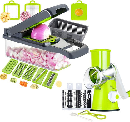 Rotary Cheese Grater with 3 Stainless Steel Drum Blades and 12 in 1 Professional Mandolin Slicer for Kitchen with 1.7 L Vegetable Container1