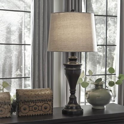 Signature Design by Ashley Table Lamp Set of 2, Dark Bronze | Fabric Hardback Shade, 28.5 Inches Tall, Traditional Double Pillar Base, 3-Way Switch, Living Room Use, Darlita Series11