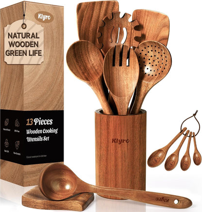 Wooden Spoons for Cooking, Nonstick Kitchen Utensils Set with 4 Piece Measuring Spoons, Comfort Grip Wooden Spatula Set, 9 Piece Teak Wooden Cooking Utensils with Holder and Spoon Rest1
