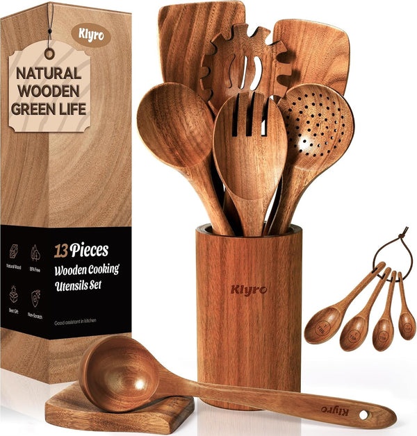 Wooden Spoons for Cooking, Nonstick Kitchen Utensils Set with 4 Piece Measuring Spoons, Comfort Grip Wooden Spatula Set, 9 Piece Teak Wooden Cooking Utensils with Holder and Spoon Rest1