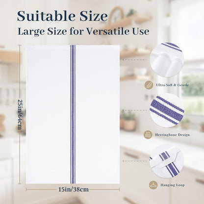 100% Ring Spun Cotton Kitchen Towels 6 Pack, Blue Stripe | 15 X 25 Inch, Highly Absorbent Dish Towels for Kitchen Drying, Reusable Cleaning Cloths, Soft Tea Towels with Hanging Loop6