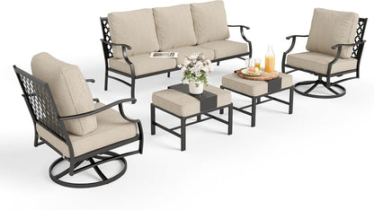 5-Piece Wrought Iron Patio Conversation Set, Swivel Chairs, Beige9