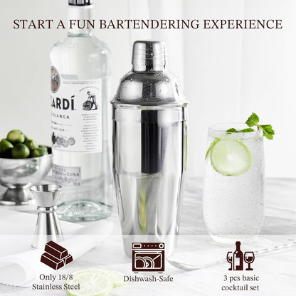 Cocktail Shaker,  24Oz Drink Shaker with Bartender Strainer, Measuring Jigger, Bar Mixing Spoon, Cocktail Recipe Guide, Professional Drink Mixer Set for Beginners, Silver2