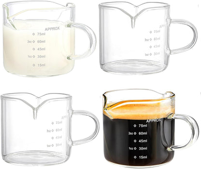 4 Pack Measuring Cups Espresso Shot Glasses, Double Spouts Espresso Cup Glass Graduated 75 ML/ 2.5 OZ for Milk Pitcher, Coffee Maker Accessories1