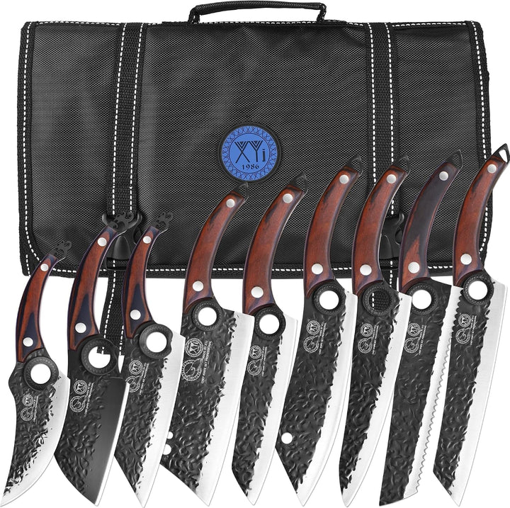 Professional Kitchen Knife Set with High-Carbon Steel Forged Blades | Chef'S Knife, Cleaver, Carving Knife, Nakiri, Full Tang Design, Includes Carrying Bag & Poultry Scissors