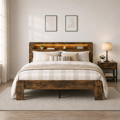 Wooden Bed Frame Queen Size with Storage Headboard, Bookcase Shelf3