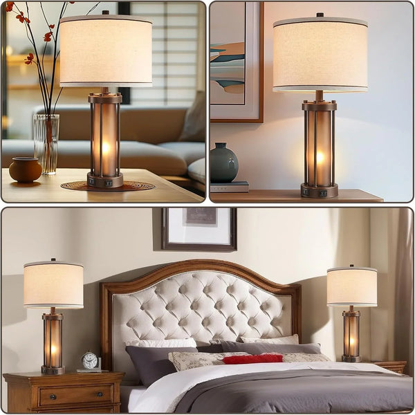 Set of 2 Farmhouse Table Lamps for Living Room with 2 USB Charging Ports | Vintage Rustic Nightstand Lamps with Amber Glass Nightlight, Retro Desk Lamps for Bedroom Entryway, 4 Bulbs Included (Brown)4