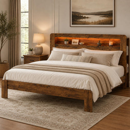 King Bed Frame Wood Platform with Storage Headboard LED USB No Box Spring1