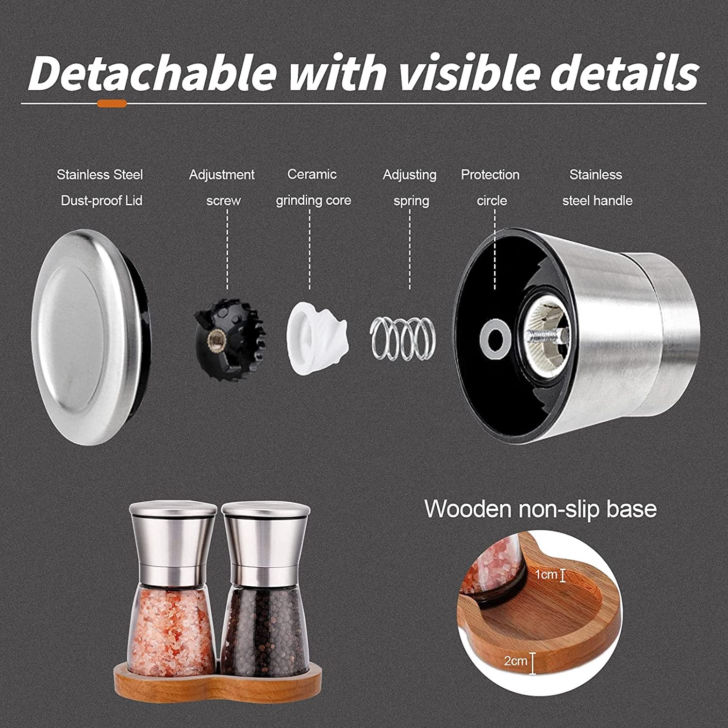 salt-and-pepper-grinder-set-with-wooden-standing-tray-refillable-pepper-mill-set-brushed-stainless-steel-short-glass-shakers-with-adjustable-coarseness-for-peppercorn-salt-or-spice-mills