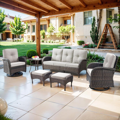 6 Piece Patio Conversation Sets - Wicker Patio Furniture Sets with Outdoor Swivel Rocker Chairs Outdoor Couch Perfect for Deck Patio Backyard, Brown Wicker Beige Cushion1