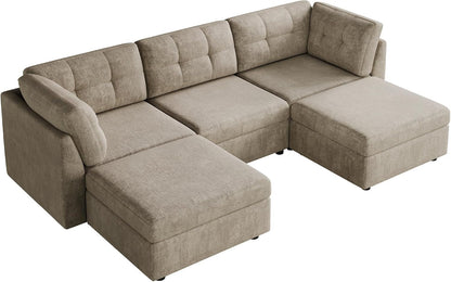 Sectional U-Shaped Sofa for Living Room, Modualr Sofa Couch, Camel | 91" W Modular Sectional Sofa, 3 Seater Couches with Ottoman, Chenille Sofa for Living Room, Apartment, Office3