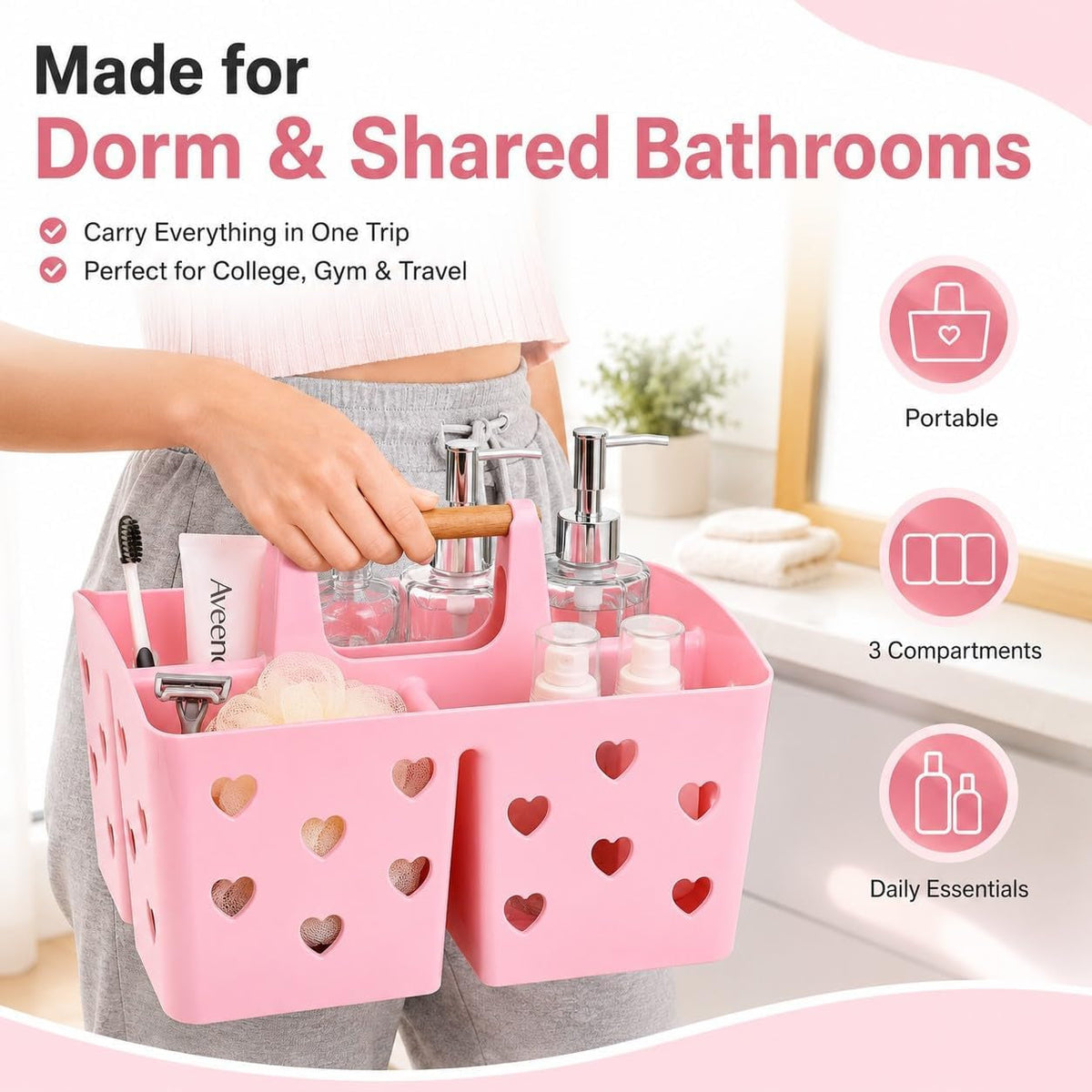 pink-portable-shower-caddy-plastic-basket-organizer-with-wooden-handle