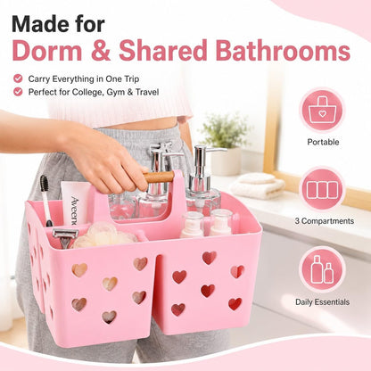 Pink Portable Shower Caddy, Plastic Basket Organizer with Wooden Handle5