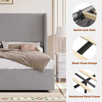 Queen Size Lift up Storage Bed Frame with 51.2" Wingback Headboard, Linen Upholstered Platform Bed, Hydraulic Support System, Reinforced Metal Structure, No Box Spring Needed, Light Grey8