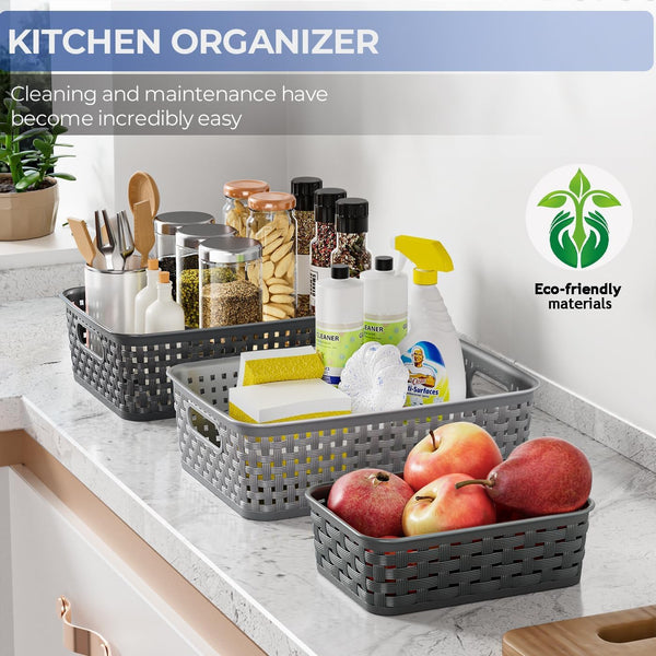 3 Pack Small Plastic Basket, Storage Bin Baskets for Organizing, Pantry Organizer Household Wicker Storage for Laundry Room, Bedrooms, Kitchens, Cabinets, Countertops, Dark Gray6