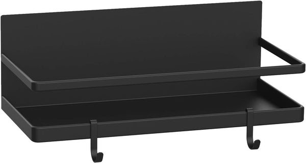 Magnetic Spice Rack, Strong Magnetic Shelf with 2 Removable Hooks, Perfect Space Saver for Small Kitchen/Apartment, Awesome Metal Cabinet for Holding Spices, Jars, Bottle, Beverage(Black)1