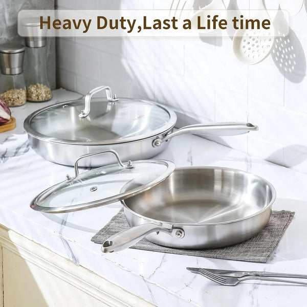 Tri-Ply Stainless Steel Pan,18/10, 12"+Lids | Nontoxic Durable Oven Safe 800℉ All Cooktops Compatible Fast Even Heat PFOA Free Large Frying Pan Nontoxic Cookware6