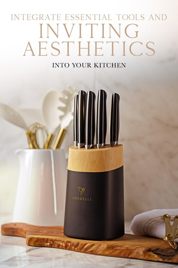 LORDELLE Knife Block Set - 5 Piece Set - Black Vintage Ink - Lifestyle Home Kitchen Design - German X50 Stainless Steel - ABS Handle - Ash Wood Block - Cooking Chef Knife, Santoku, Paring, Utility7