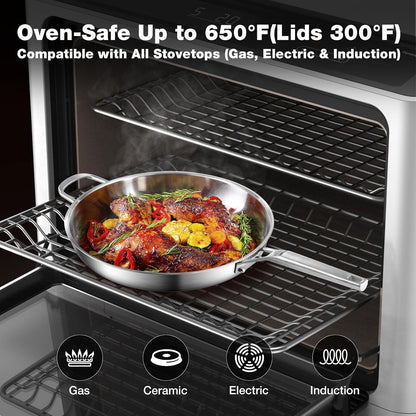 Stainless Steel Pan,14 Inch Frying Pan, Heavy Duty, Large Frying Pan, Fast & Even Heating, up to 650°, Oven & Dishwasher Safe,Compatible with All Cooktops8
