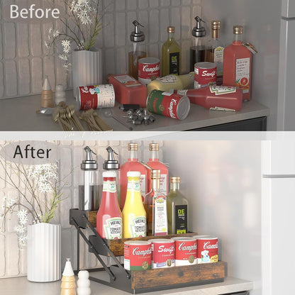 3 Tier Spice Rack Organizer for Cabinet, Foldable Spice Rack for Countertop, Cabinet Drawers Rustic Wooden Seasoning Spice Storage for Kitchen Station, Pantry, Home - 1PC4