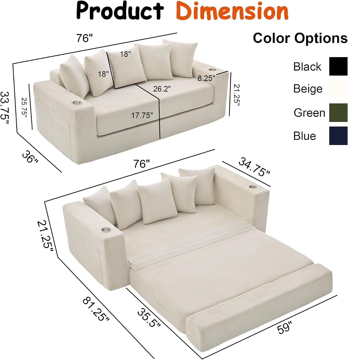76-convertible-sofa-bed-corduroy-boneless-couch-with-cup-holders-pocket
