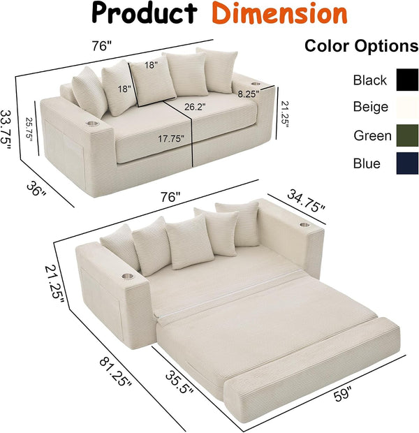 76" Convertible Sofa Bed, Corduroy Boneless Couch with Cup Holders & Pocket2