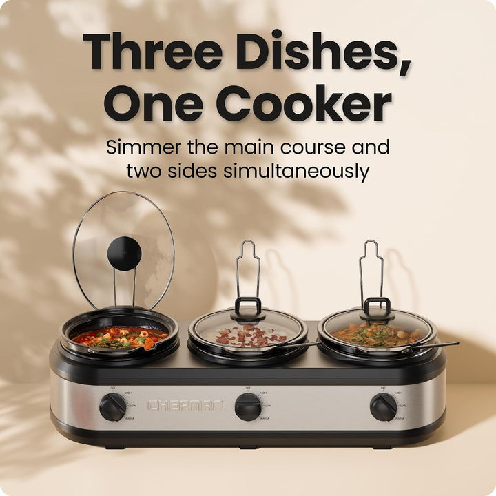 Triple Slow Cooker & Food Warmer, Three Crock Slowcooker with 2.5 Qt. Ceramic Crocks, 7.5-Quart Total Capacity, Pfas-Free, Three Temperature Settings, Dishwasher-Safe Parts – Stainless Steel+2