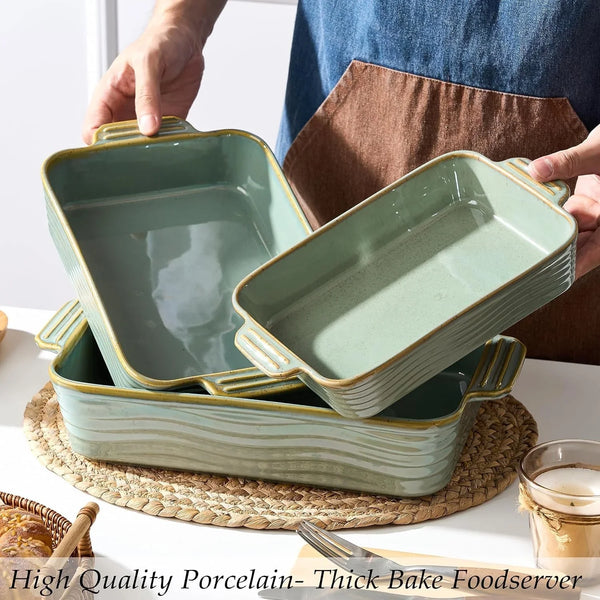 Ceramic Baking Dish Set of 3, Casserole Dishes for Oven, Square Porcelain Bakeware Set with Handles, Lasagna Baking Pan for Cooking, Perfect for Baking and Serving, Housewarming, Halloween, Thanksgiving, Christmas, New Year- Green5