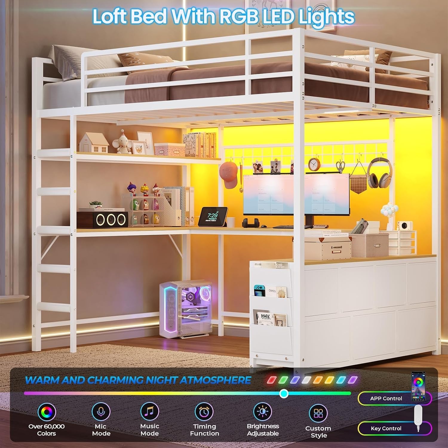 loft-bed-full-size-with-u-shaped-desk-7-storage-drawers-and-charging-station-metal-full-loft-bed-with-led-lights-and-2-tier-storage-shelves-loft-full-bed-with-safety-guardrail-and-ladders-white