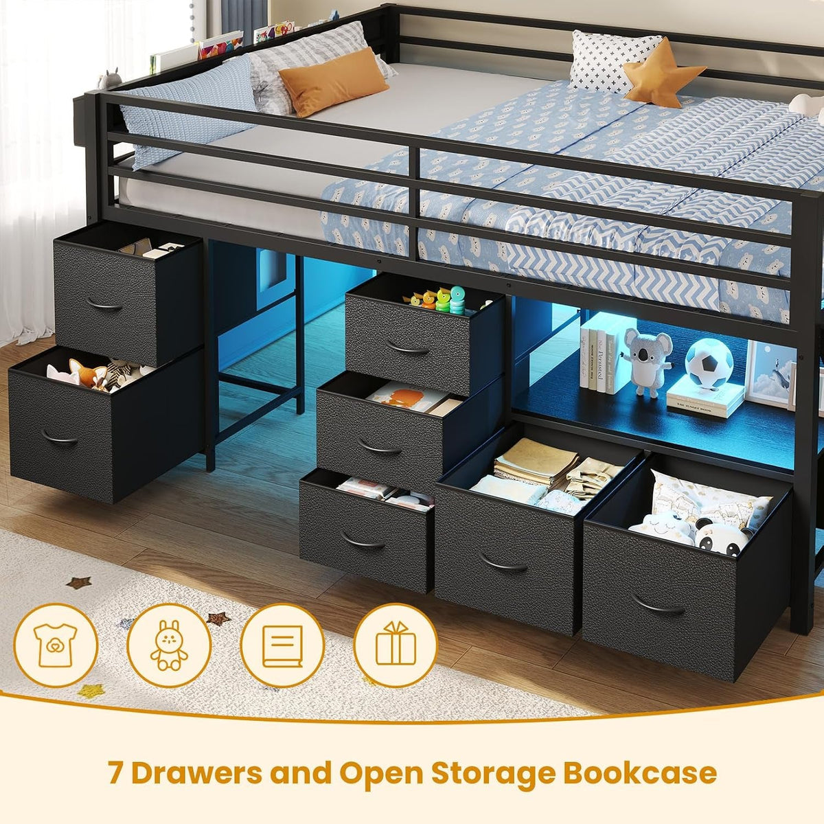 kids-low-loft-bed-full-with-7-drawers-bookcase-safety-guardrail