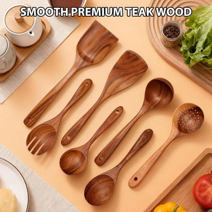 7-Piece Wooden Non-Stick Kitchen Utensil Set, Natural Teak Wood Kitchen Pan Toolset, Wooden Cooking Spatula Spoon & Salad Fork Set, Scratch Resistant Cookware Toolset, Easy to Clean3