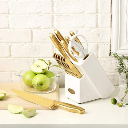 ® Gold Knife Set, Knife Block Set Ma21,Titanium Coated 14 Pieces Stainless Steel Chef Gold Kitchen Knife Sets with White Block | Forged Stainless Steel,Razor Sharp,Non-Stick&Anti-Rust,Restaurant Grade,Ergonomic Handles,Full Tang,Gift Box7