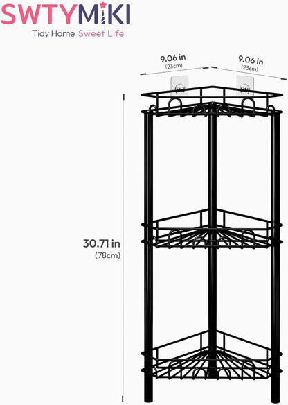 Standing Shower Caddy Corner - 3‑Tier Stainless Steel Shower Organizer Shelf with 12 Hooks and Adhesive Pads, Rustproof Corner Shelves Stand Rack for Bathroom Shower Room, Black7