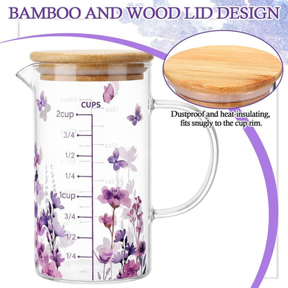 Glass Measuring Cup 16Oz/2Cups/500Ml Easy to Read V-Shaped Spout High Borosilicate Glass Measuring Cup with Bamboo Lid Stirring Spoon and Brush for Coffee Kitchen Baking Cooking(Purple Flower)4
