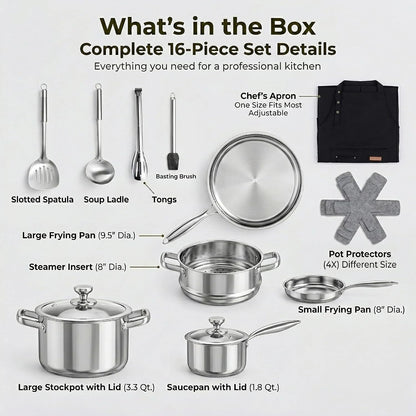 Stainless Steel Cookware Set, 16-Piece Pots and Pans Set Non Toxic, Kitchen Induction Cookware with Glass Lids, Steamer, Utensil Sets, Pot Protectors & Apron, Oven & Dishwasher Safe, Silver2
