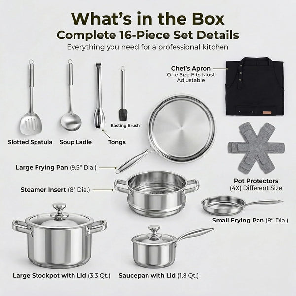 Stainless Steel Cookware Set, 16-Piece Pots and Pans Set Non Toxic, Kitchen Induction Cookware with Glass Lids, Steamer, Utensil Sets, Pot Protectors & Apron, Oven & Dishwasher Safe, Silver2