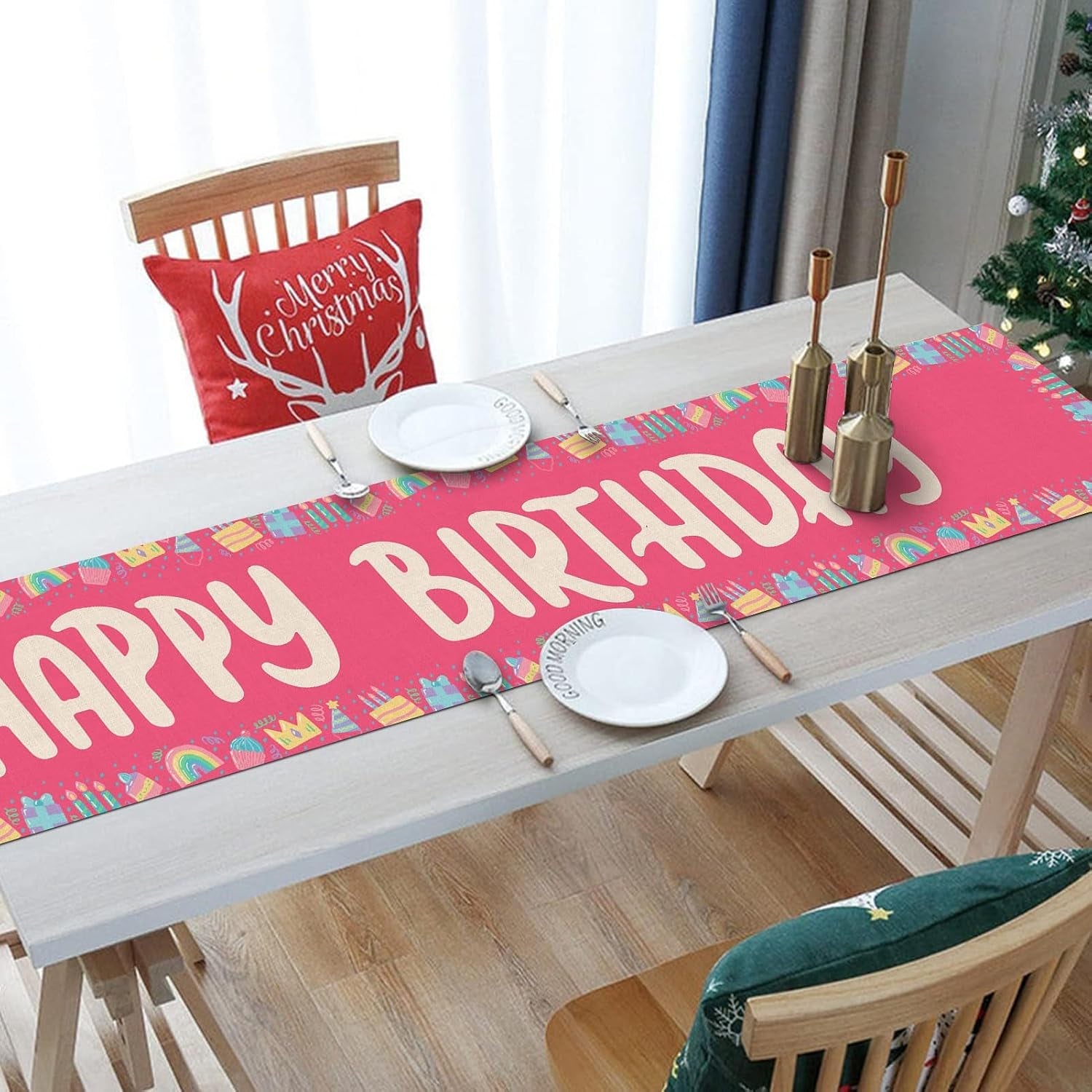 happy-birthday-table-runner-13x72-inch-pink-birthday-cake-box-candle-rainbow-farmhouse-polyester-linen-table-decoration-for-kitchen-dinning-indoor-outdoor-home-dinner-party-red