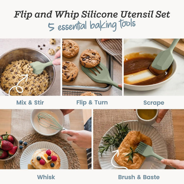 Starpack Flip and Whip Silicone Baking Utensils Set (5-Piece) - LFGB Non Toxic, 600°F Heat Resistant, Bpa-Free - Whisk and Rubber Spatula Set with Pastry Brush - Dishwasher Safe, Nonstick Sage Green2