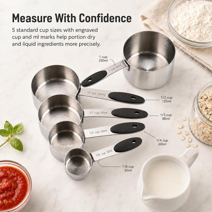 5-Piece Stainless Steel Measuring Cups with Non-Slip Handles, Kitchen Measuring Cups for Dry & Liquid Ingredients, Cooking & Baking, 1/8, 1/4, 1/3, 1/2 & 1 Cup, Black7