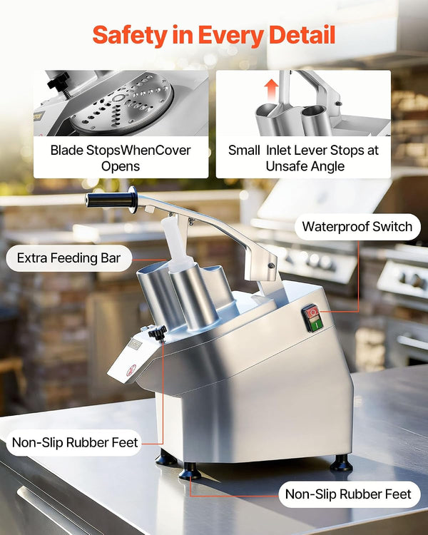 Commercial Food Processor 550W Electric Vegetable Slicer 6 Blades | 2 Feeding Holes, 1600 RPM Stainless Steel Vegetable Processor, Interchangeable Blade, 3Mm/4Mm/7Mm Shred and 2Mm/4Mm Slice7