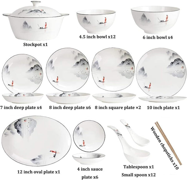 60-Piece Dinnerware Set,Exquisite Porcelain Tableware,Antiquity Chinese Style Porcelain Set,Ink Painting Design Dinner Dishes Set,Plates/Bowls/Spoons and Soup Pot,Service for 127