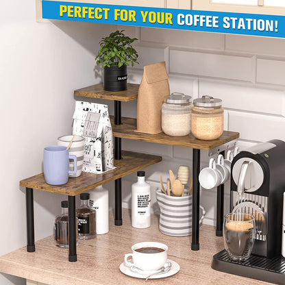 Kitchen Countertop Organizer 3-Tier Corner Shelf, Rustic Brown | Space-Saving Corner Design Organizes Spices, Skincare and Toiletries on Kitchen and Bathroom Counters.3