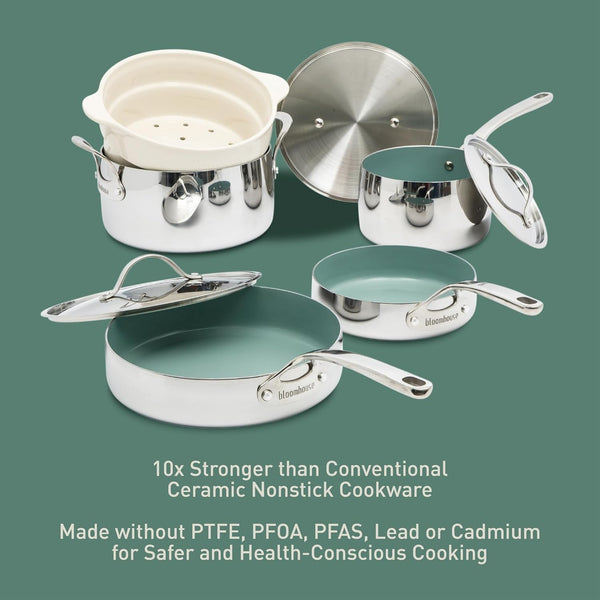 Bloomhouse - Two Time Oprah'S Favorite Things Winner - 8 Piece Triply Stainless Steel Pots and Pans Cookware Set W/Sage Green Non Toxic Pro Ceramic Non Stick Interior6