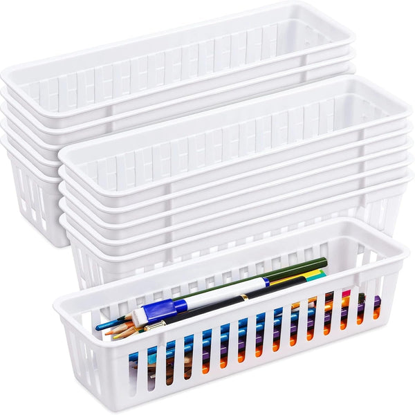12 Pack Slim Plastic Storage Basket Tray Organizer, White1