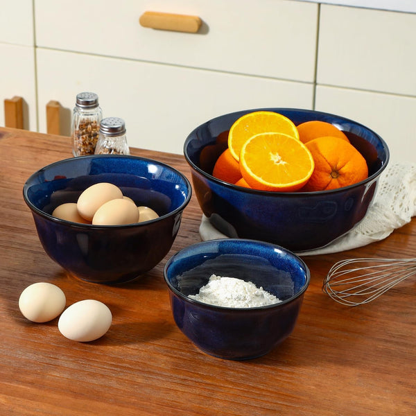 Ceramic Mixing Serving Bowl Set: Nesting Stoneware Kitchen Decorative Large Bowls for Prepping, Baking – Microwave Oven Dishwasher Safe – 9/7/5.7 Inch, Set of 3 (Blue)5