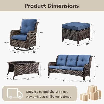 Wicker Outdoor Furniture Patio Furniture Set - 6 Piece Patio Conversation Set with Swivel Rocker Chairs, Rattan Sofa, Ottomans and Coffee Table, Blue Cushion2