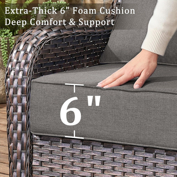 Luxury High Back Outdoor Furniture with 6-Inch Thick Cushions, Patio Furniture Set with Swivel Chairs, 6 PCS Wicker Conversation Set for Porch, Balcony, Deck and Yard5