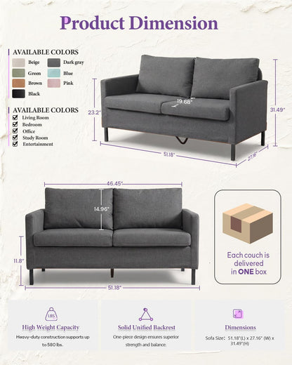 51'' Dark Grey Small Couch Loveseat, 2-Seater Linen Sofa2