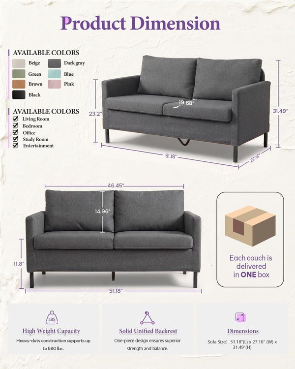 51'' Dark Grey Small Couch Loveseat, 2-Seater Linen Sofa2